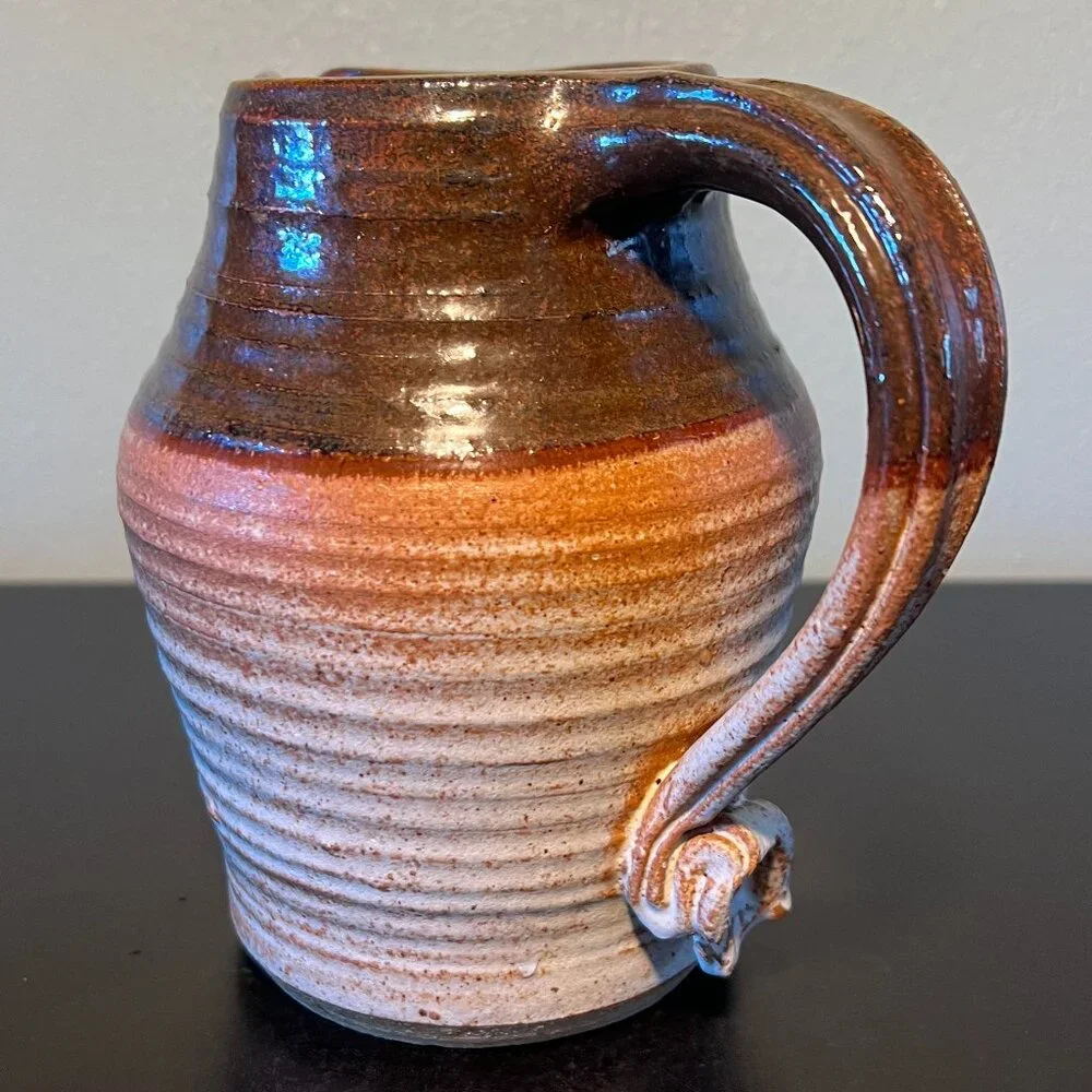 Handcrafted Hand Thrown Studio Clay Pottery  Rounded & Ribbed Water Pitcher - Picture 2 of 16
